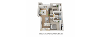 A 3D rendered image of a house layout.