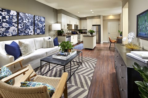 A modern living room with a white sofa and a black and white striped rug.