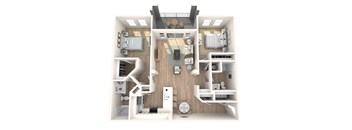 A top-down view of a small apartment with a kitchen, living room, and bedroom.