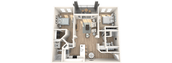 A 3D floor plan of a house with a kitchen, living room, and bedrooms.