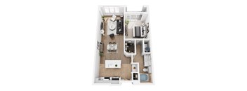 A top-down view of a modern apartment with a kitchen, living room, and bedroom.
