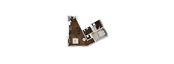 A top-down view of a house layout with a kitchen, living room, and bedrooms.