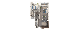 A floor plan of a house with a living room, two bedrooms, a kitchen, and a bathroom.