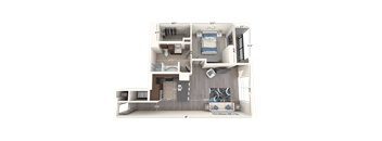 A floor plan of a small apartment with a bedroom, living room, and kitchen.