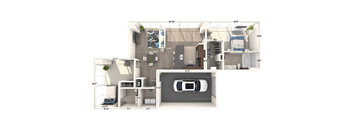 A floor plan of a house with a garage and a car.