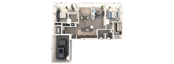 A 3D floor plan of a small apartment with a kitchen, living room, and bathroom.