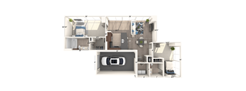 A 3D floor plan of a small apartment with a kitchen, living room, and bathroom.