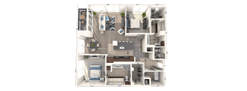 A 3D floor plan of a house with a living room, kitchen, and two bedrooms.