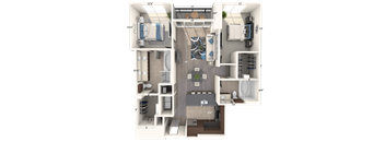 A 3D floor plan of a house with a kitchen, living room, and bathrooms.