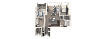 A floor plan of a small apartment with a kitchen, living room, and two bedrooms.