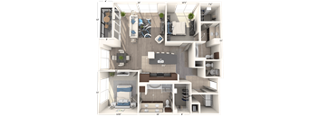 A 3D floor plan of a house showing a living room, kitchen, dining room, and bedrooms.