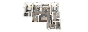 A 3D floor plan of a house with a living room, kitchen, dining room, and bedrooms.