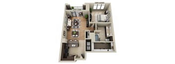A 3D floor plan of a two-bedroom apartment with a living room, kitchen, and bathroom.
