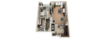 A 3D rendered image of a house layout.