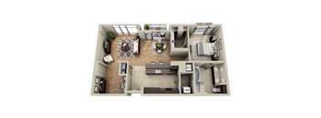 A floor plan of a two-bedroom apartment with a living room, kitchen, and bathroom.