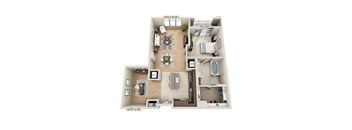 A 3D floor plan of a two-bedroom apartment.