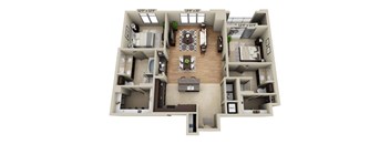 A 3D floor plan of a two-story apartment with a living room, kitchen, and bedrooms.
