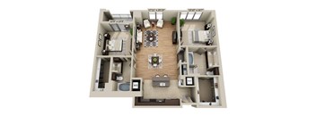 A 3D floor plan of a two-bedroom apartment with a living room, kitchen, and bathroom.