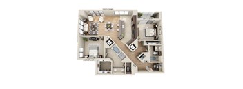 A floor plan of a two-bedroom apartment with a living room, kitchen, and bathroom.