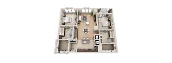 A 3D floor plan of a two-bedroom apartment with a living room, kitchen, and bathroom.