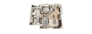A floor plan of a two-bedroom apartment with a living room, kitchen, and bathroom.