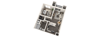 A 3D floor plan of a house with a kitchen, living room, and two bedrooms.