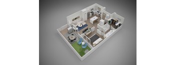 A 3D rendered image of a small apartment layout.