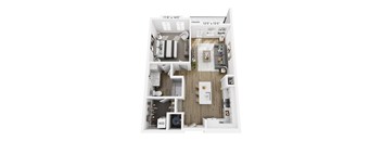 A floor plan of a small apartment with a kitchen, living room, and bathroom.