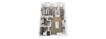 A floor plan of a two-bedroom apartment with a living room, kitchen, and bathroom.