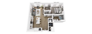A top down view of a small apartment with a living room, kitchen, and bathroom.