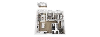 A floor plan of a small apartment with a kitchen, living room, and bathroom.