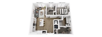 A top down view of a small apartment with a living room, kitchen, and bathroom.