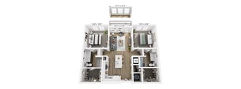 A floor plan of a two-bedroom apartment with a living room, kitchen, and bathroom.