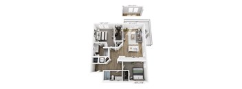 A floor plan of a small apartment with a kitchen, living room, and two bedrooms.