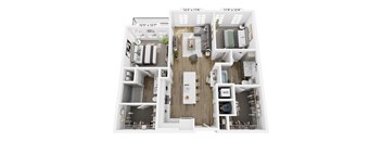 A floor plan of a two-bedroom apartment with a living room, kitchen, and bathroom.