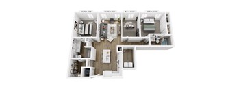 A top-down view of four different apartment floor plans.