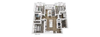 A floor plan of a small apartment with a kitchen, living room, and two bedrooms.