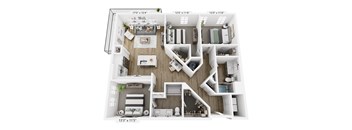 A 3D floor plan of a house with dimensions.
