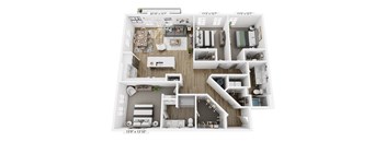 A 3D floor plan of a small apartment with a living room, kitchen, and bedrooms.
