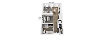 A floor plan of a small apartment with a living room, kitchen, and bathroom.