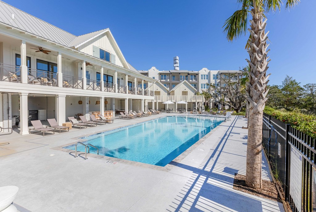 a resort style swimming pool with chaise lounge chairs and a palm tree
