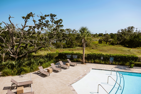 A pool surrounded by trees and chairs.