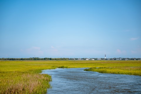 A river flows through a marshy area with a lighthouse in the distance.