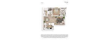 A floor plan of a 1 Bed/1 Bath apartment with a total area of 758 SQFT.