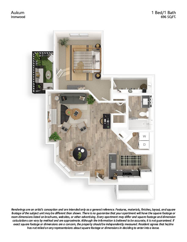 A floor plan of an Aukum Ironwood apartment with one bed and one bath.
