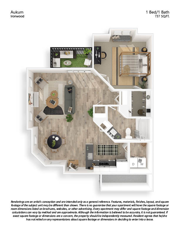 A floor plan of a 1 Bed/1 Bath apartment in Ironwood.