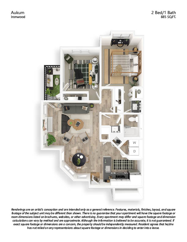 A floor plan of a 2 Bed/1 Bath apartment with a total area of 885 SQFT.