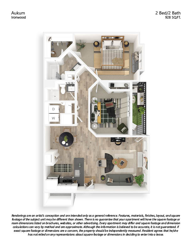 A floor plan of a 2 Bed/2 Bath apartment in Ironwood.