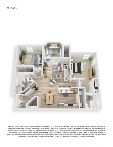 Two Bedroom Two Bath Premium Floor Plan 960 sqft