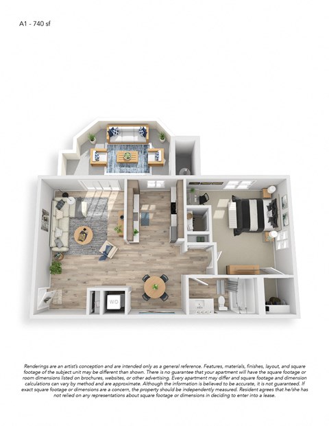 One Bedroom One Bath Premium Floor Plan 740 sqft